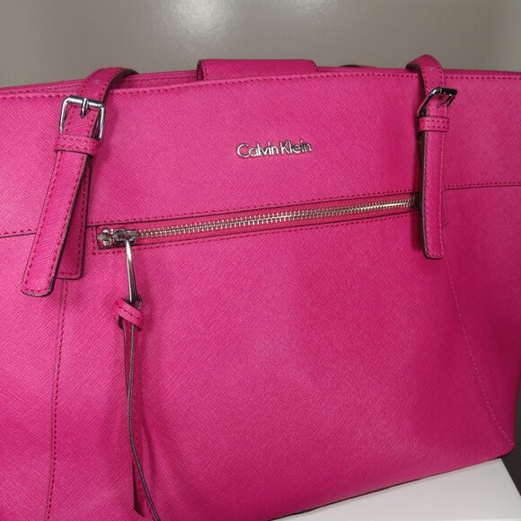 Calvin Klein Ash Tote Bag Faux Saffiano Leather Hot Pink Tote Bag Purse - Picture 4 of 11